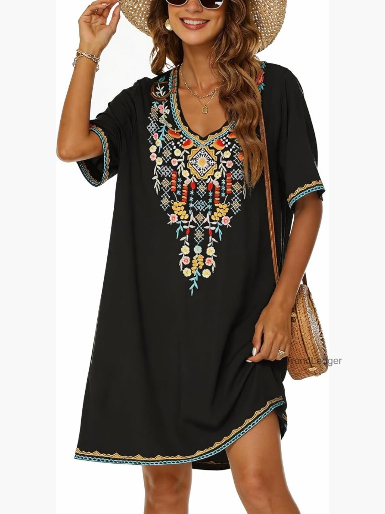 Plus Size Boho Embroidered Peasant Dress Floral Tunic Loose Fit Casual